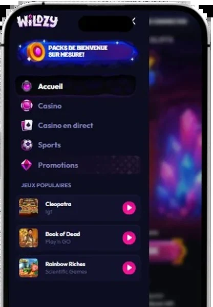 Wildzy Casino Mobile-App: Menü mit Casino, Live-Casino und Sport