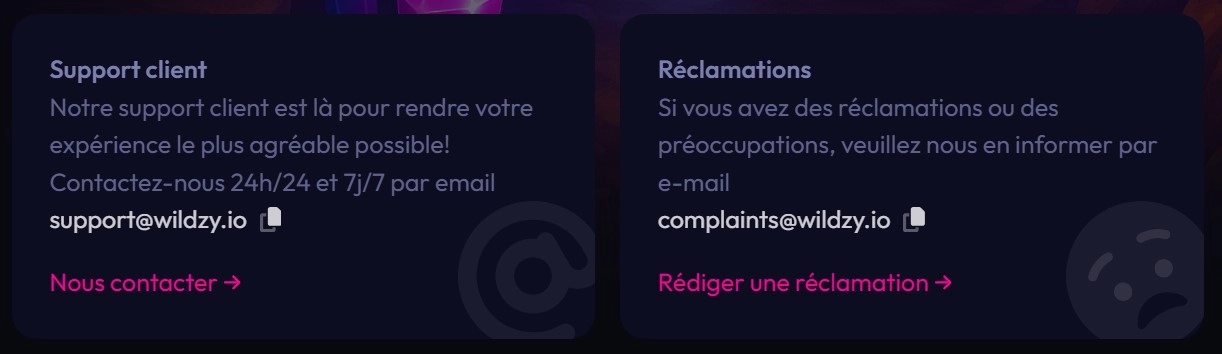 Support client chez Wildzy Casino